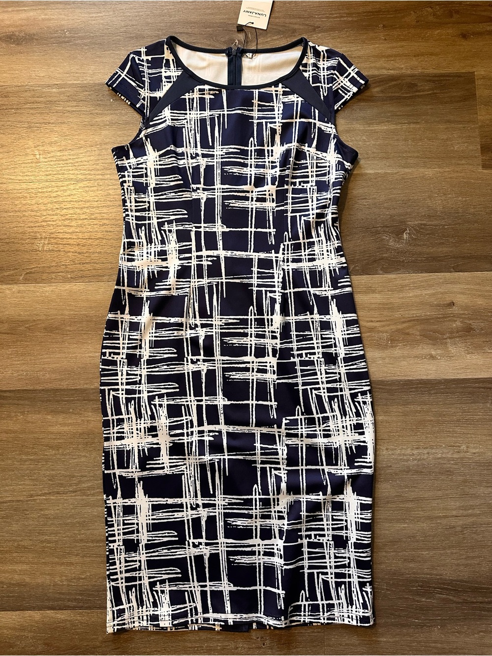 LunaJay Navy & White Stretch Midi Dress | Cap Sleeves | Size M